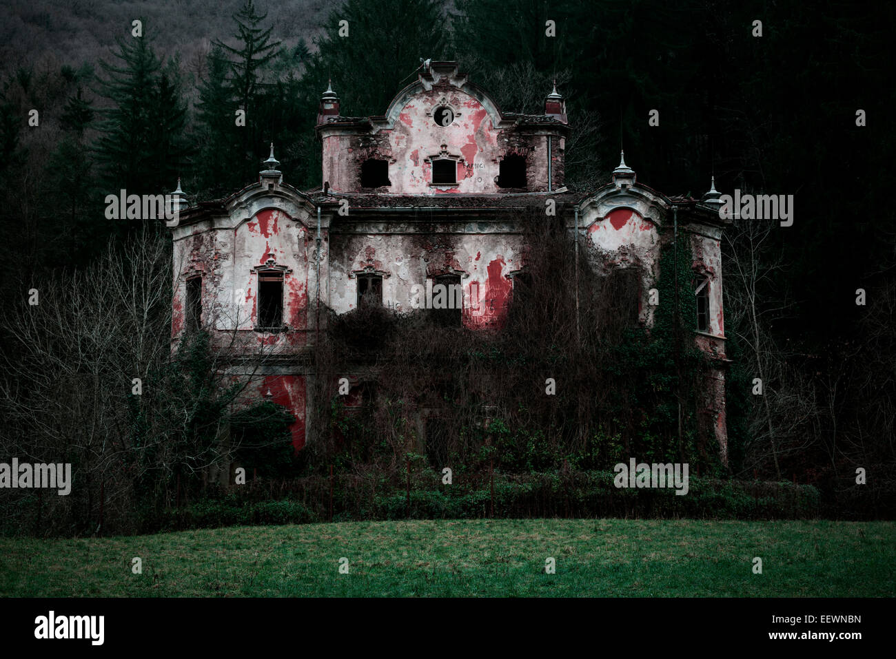 Red manor abandoned Stock Photo