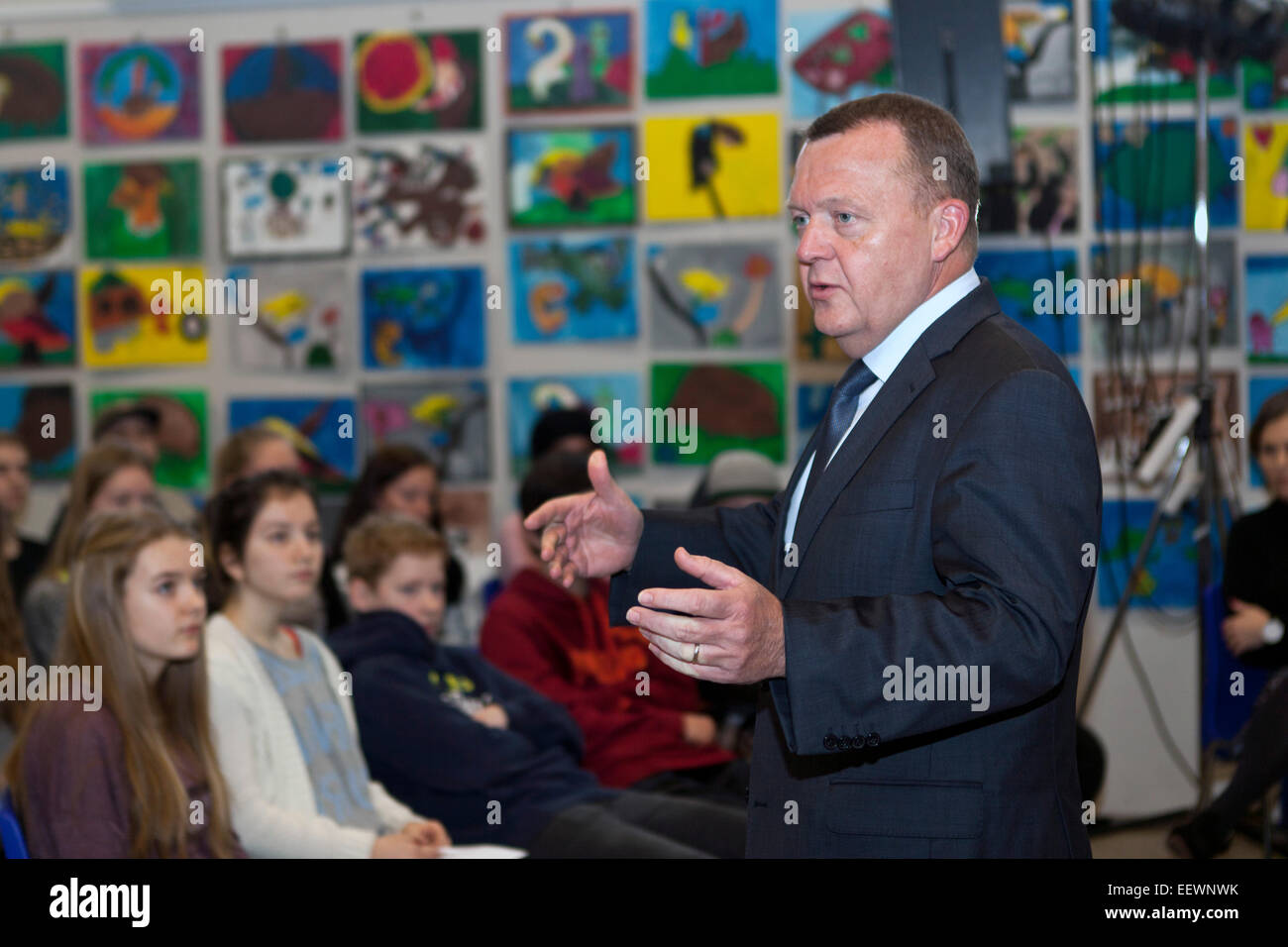Koge, Denmark. 22nd January, 2015. Former PM, Lars Lokke Rasmussen, Venstre (English:The  Liberal Party), is touring the country and heats up for the soon to come election. Here Mr. Rasmussen is pictured at a public school in Koge (Danish: Køge), Sct. Nikolai Skole, near Copenhagen, where he meets pupils age 15 – 17. The latest date for election is September 15, 2015, but nobody knows when the Prime Minister will push the election button.  Many observers believe it will be late spring/early summer and party leaders are very busy being out meeting the people Credit:  OJPHOTOS/Alamy Live News Stock Photo