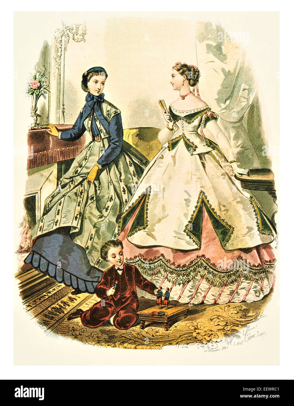La Mode Illustree 1865 Victorian era period costume fashion dress gown gowns skirt veil cuff frills muslin cap embroidery Stock Photo