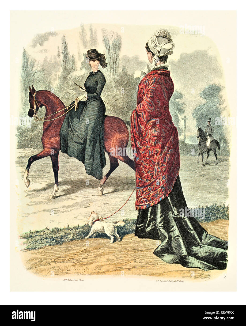 La Mode Illustree Victorian era period costume fashion dress gown gowns skirt veil cuff frills muslin cap riding equine Stock Photo