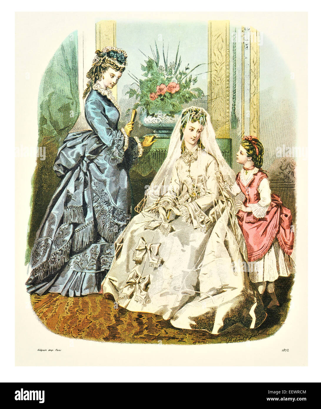 La Mode Illustree 1872 Victorian era period costume fashion dress gown gowns skirt veil cuff frills wedding garment Stock Photo