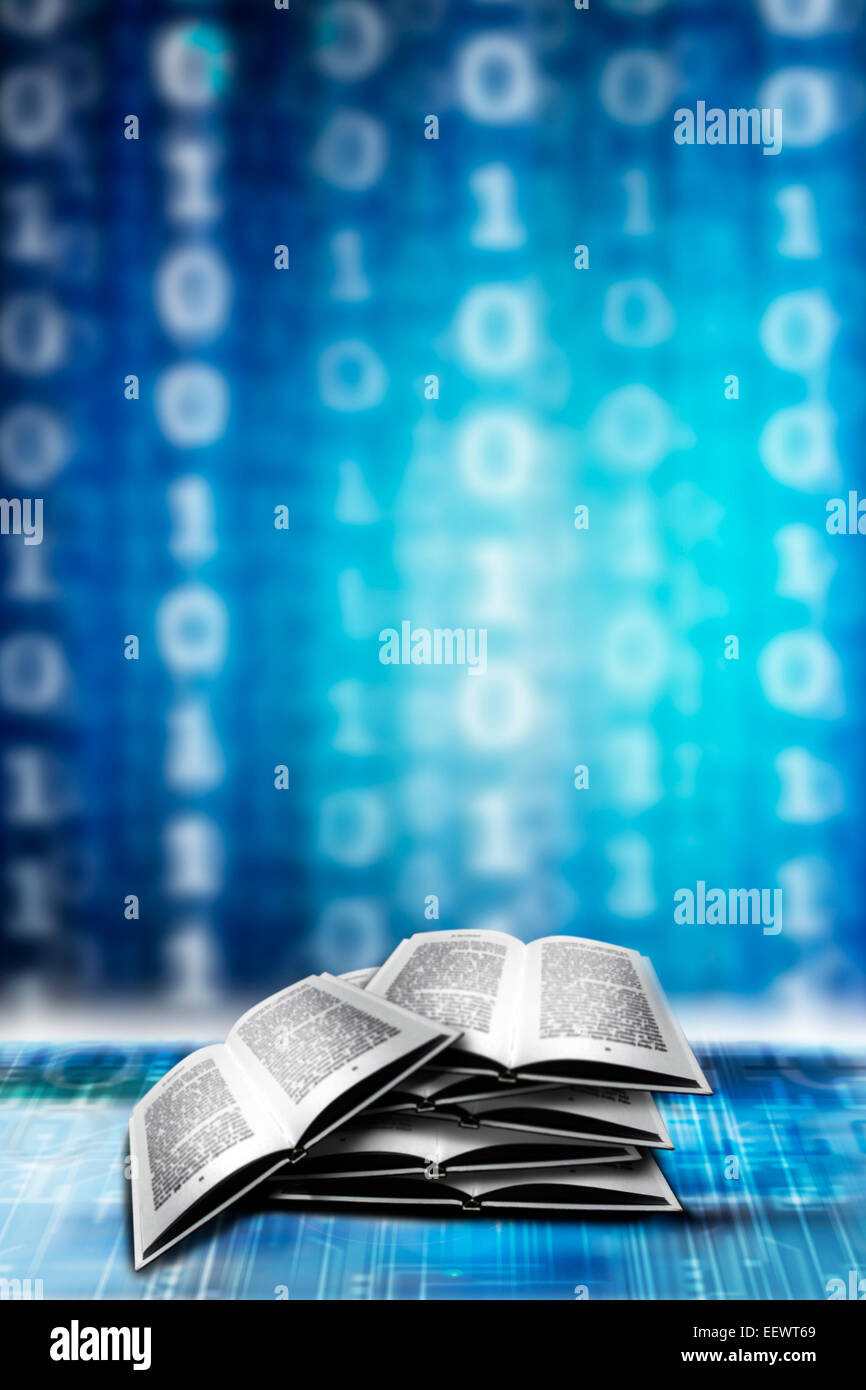 books and binary numbers, concept for e-book Stock Photo