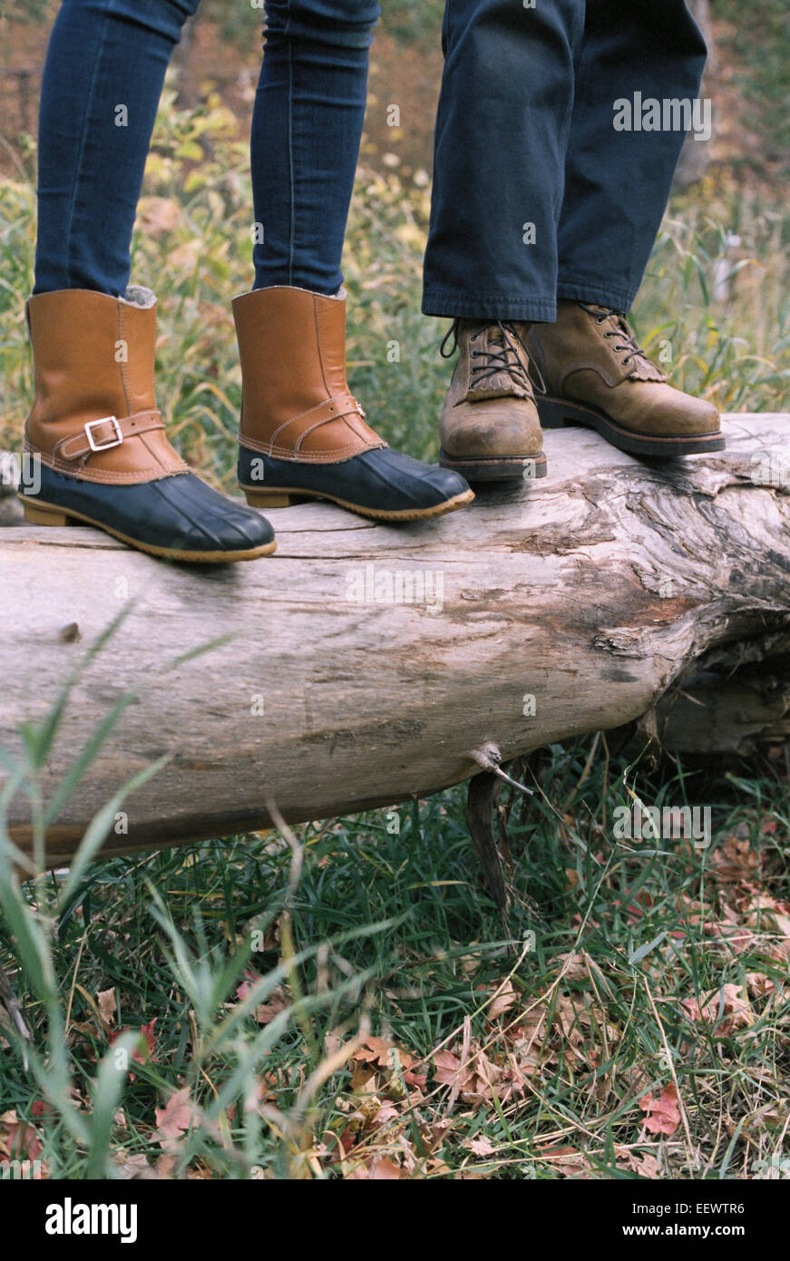 Close up of couple standing side by side on a tree trunk. Stock Photo