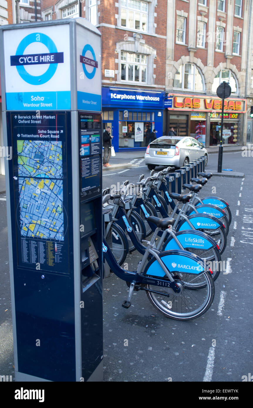 A row of bikes for the Barclays Cycle Hire scheme in Wardour Street