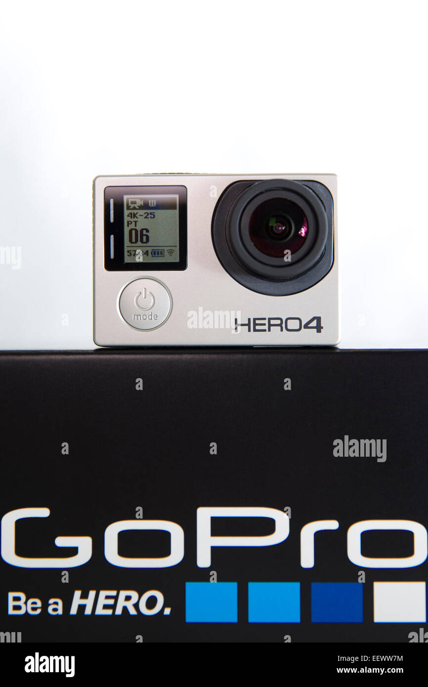 A GoPro Hero 4 Black edition is pictured in a studio on a white background  Stock Photo - Alamy