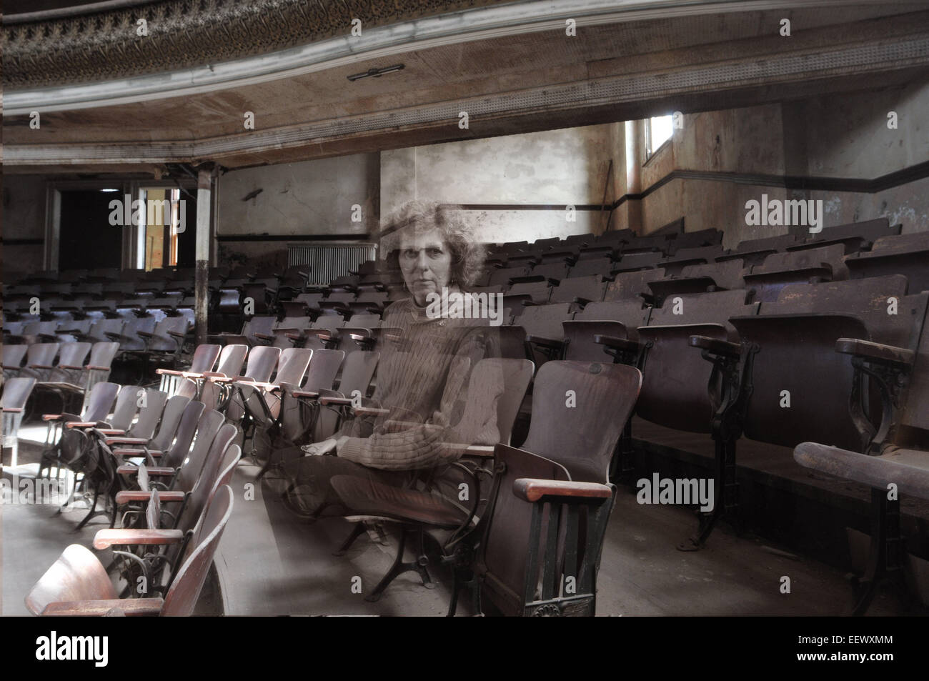 Derby CT USA-- Some allege that the Sterling Opera House in Derby is haunted by ghosts. Patti Villars as a ghost in the theater. Photo ILLUSTRATION by Peter Casolino Stock Photo