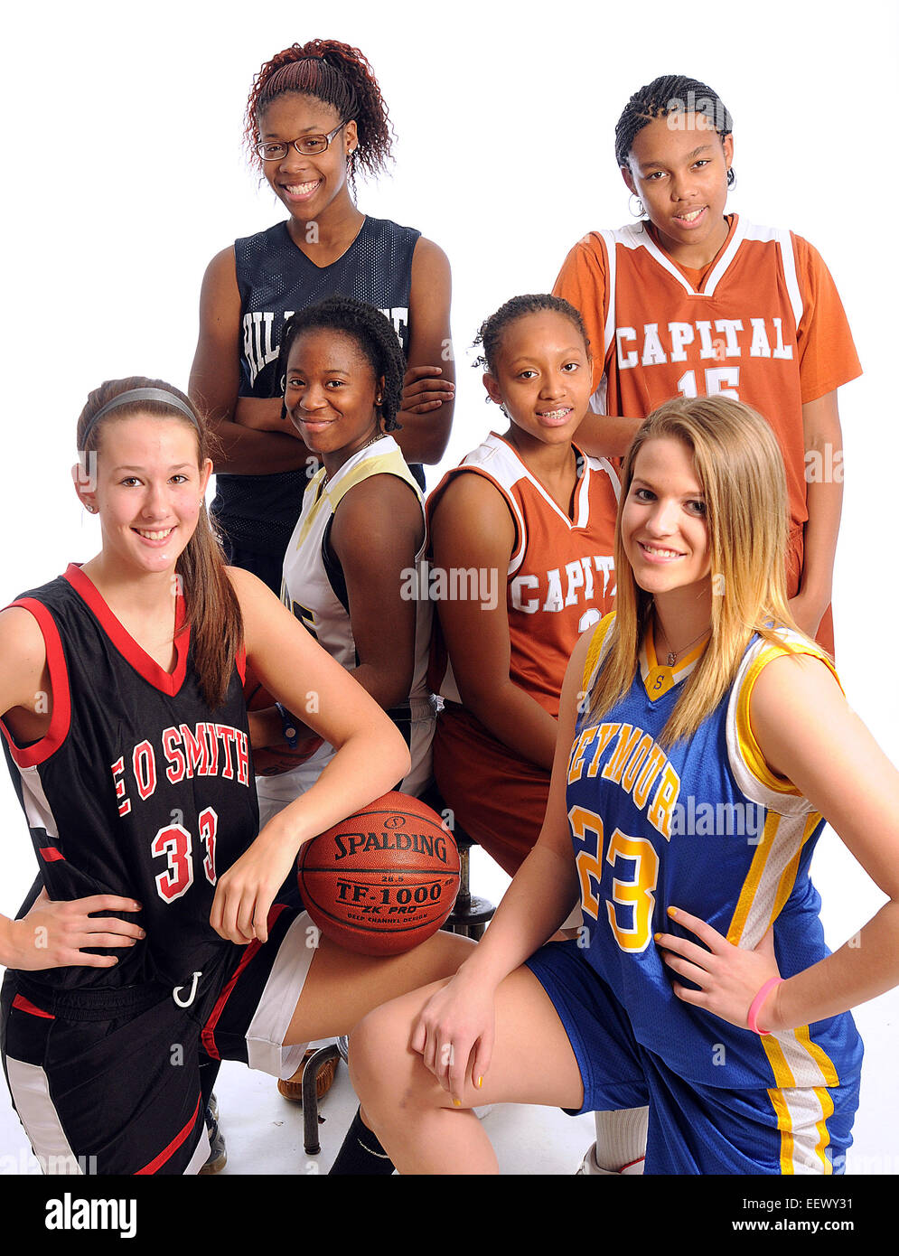 New Haven CT USA-- Girls basketball preview standouts. From front left, clockwise; Morgan Olander (E.O. Smith), Trayneice Mims (Hyde), Bria Holmes (Hillhouse), Kiah Gillespie (Capitol Prep), 'Snoop' James (Capitol Prep) and Christina Cretella (Seymour) Stock Photo