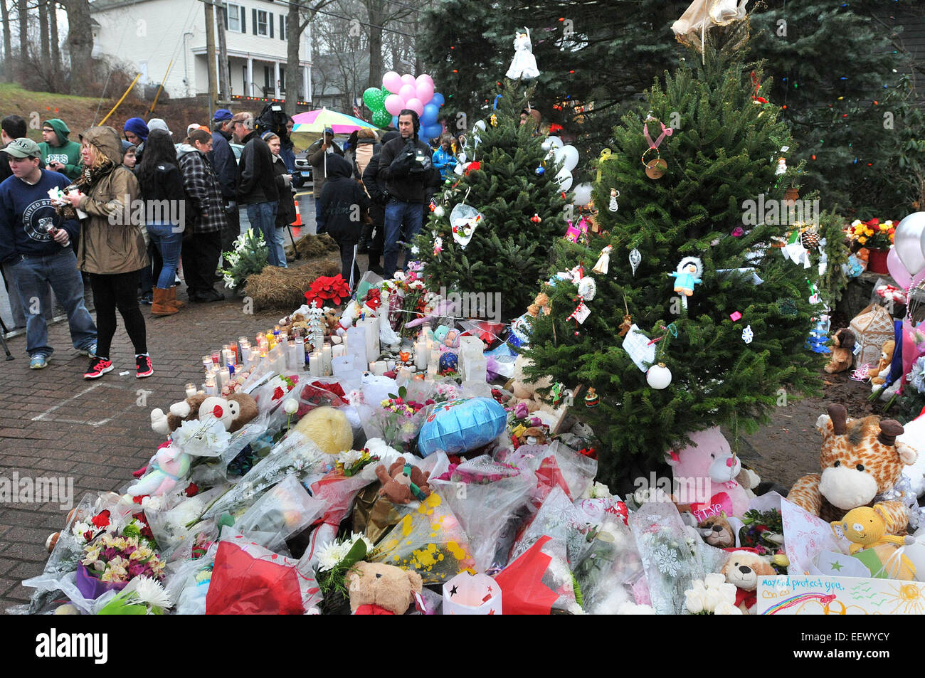 Newtown CT USA--Decorated Christmas trees, stuffed animals, flowers and candles at the makeshift memorial in the center of Sandy Hook.   , Stock Photo