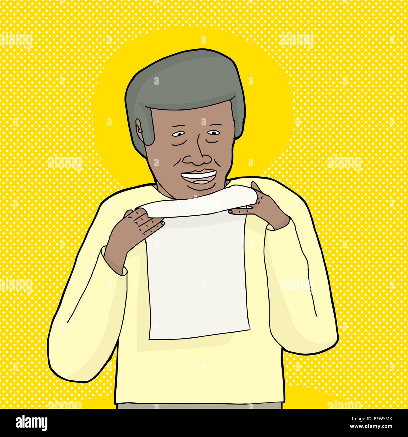 Happy mature man holding letter over yellow background Stock Photo