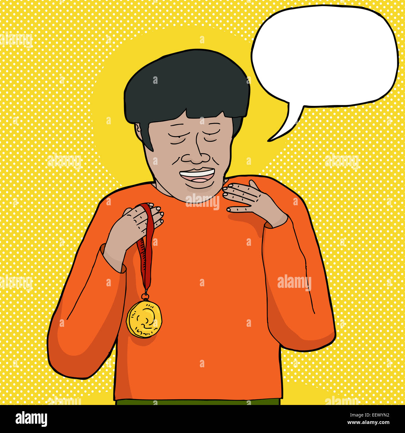 Happy man with gold medal and word bubble Stock Photo