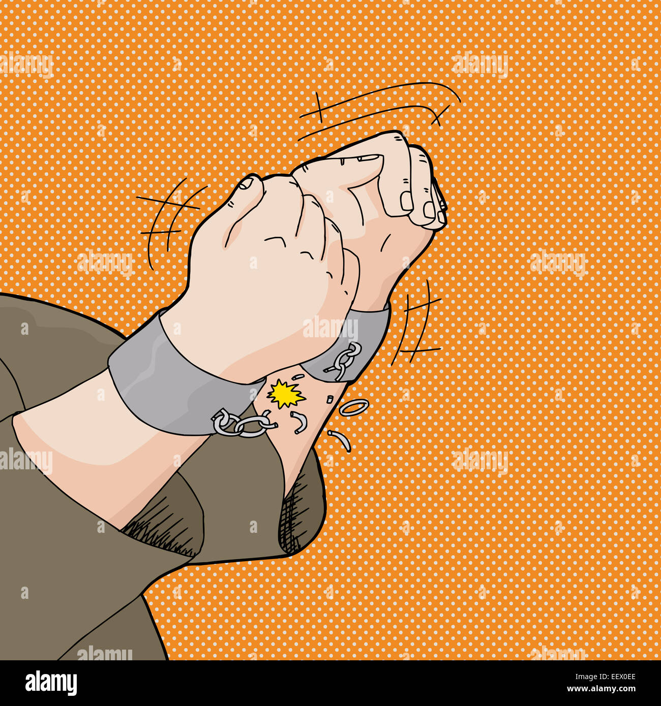 Cartoon of captive hands breaking out of handcuffs Stock Photo Alamy