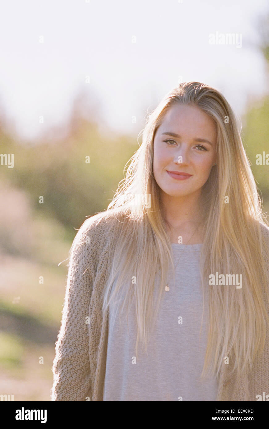 Portrait of a woman with long blond hair. Stock Photo