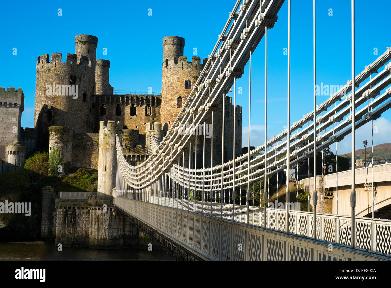 Conwy castle and Thomas Telford suspension bridge, North Wales, UK
