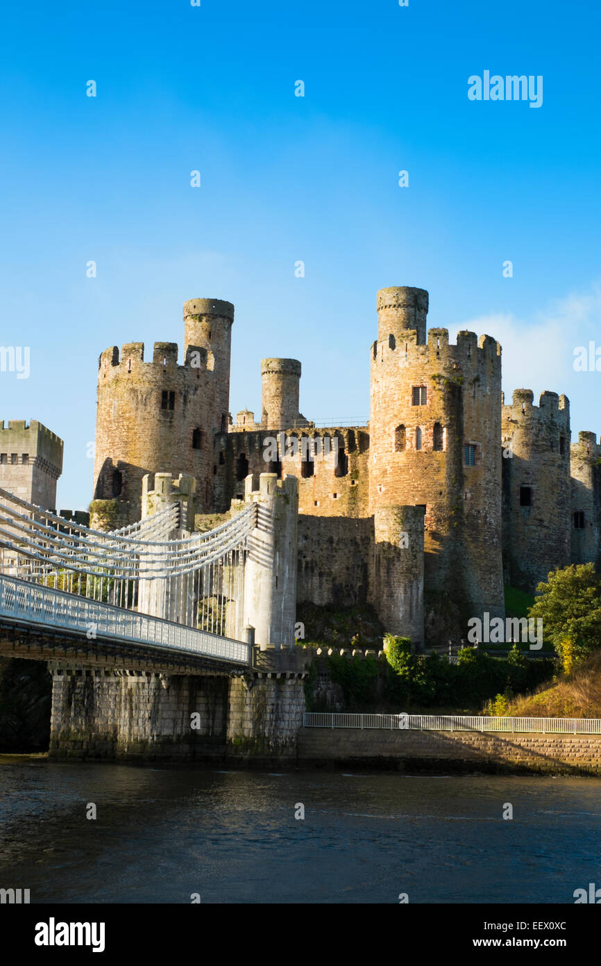 Conwy castle and Thomas Telford suspension bridge, North Wales, UK Stock Photo