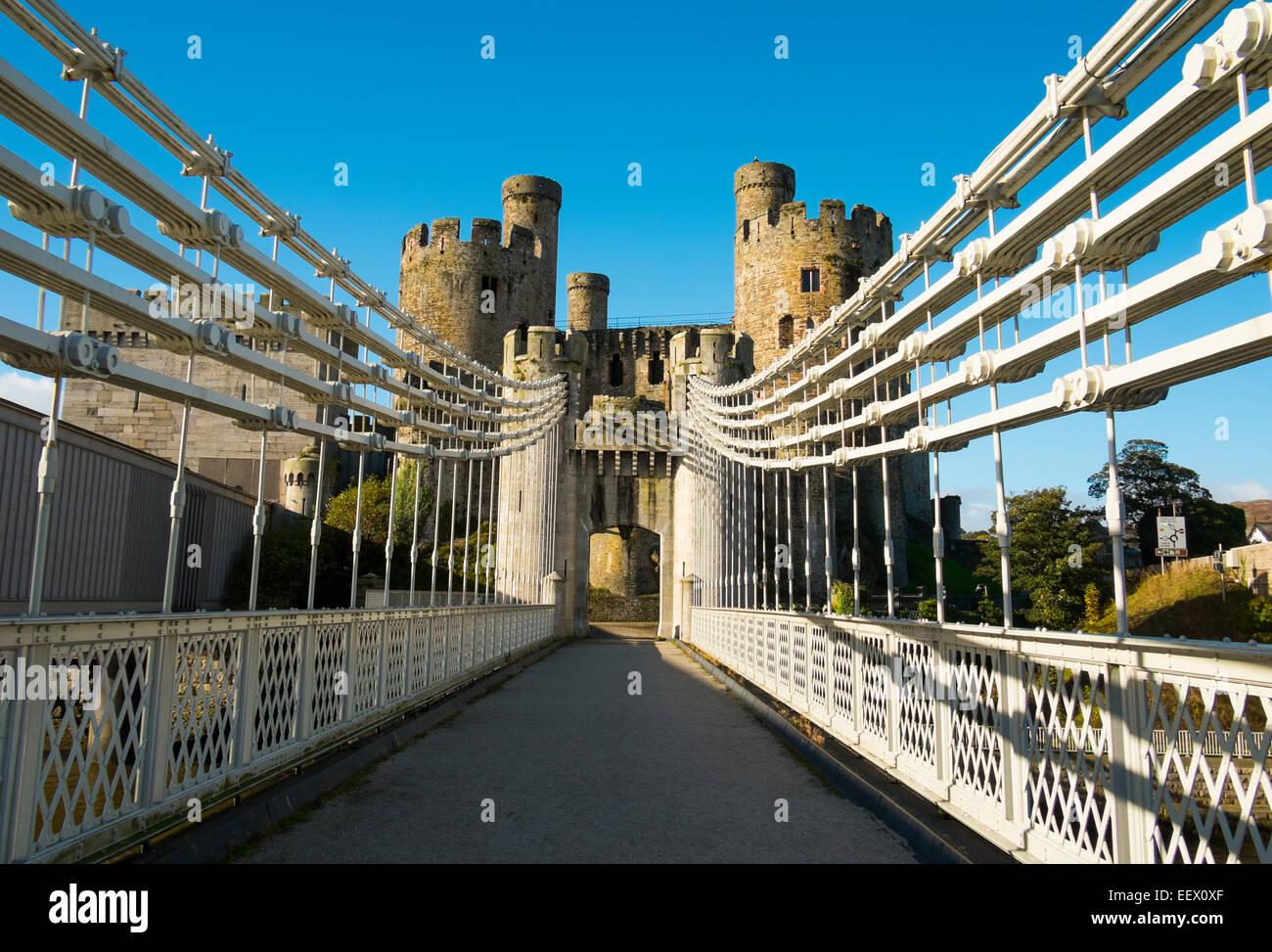 Conwy castle and Thomas Telford suspension bridge, North Wales, UK