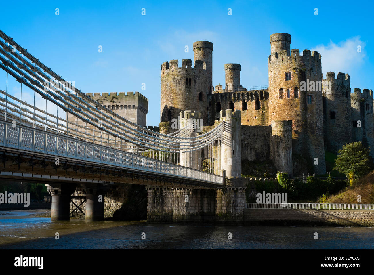 Conwy castle and Thomas Telford suspension bridge, North Wales, UK