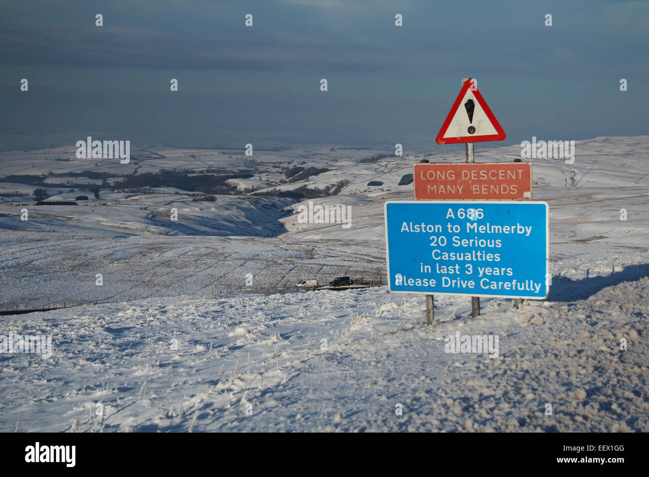 warning sign on Hartside pass, Cumbria Stock Photo