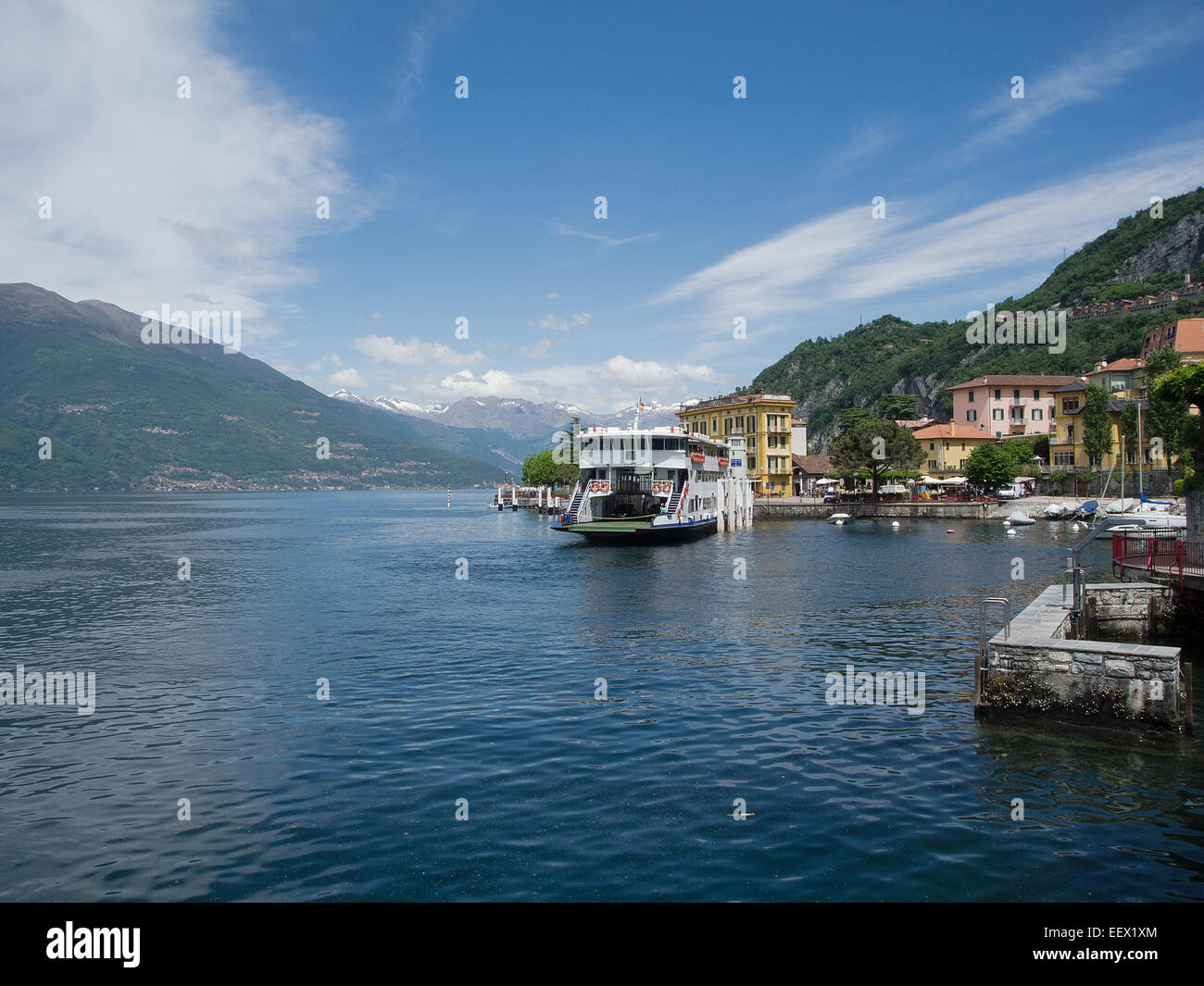 Varenna on Lake Como in Italy with a ferry about to leave the jetty and