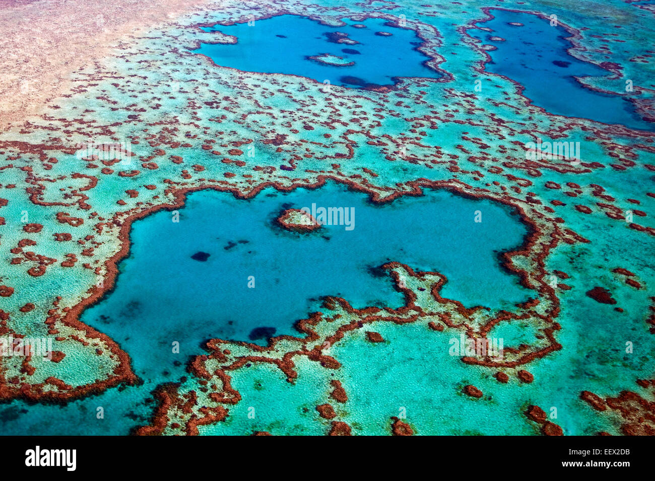 Aerial view of heart-shaped Heart Reef, part of the Great Barrier Reef of the Whitsundays in Coral Sea, Queensland, Australia Stock Photo