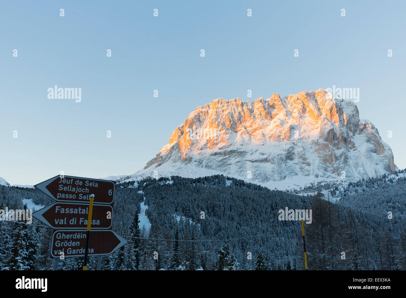 Face of mount Langkofel (Sassolungo) from Gardena mountain pass in the Dolomites of South Tyrol, Italy. Stock Photo