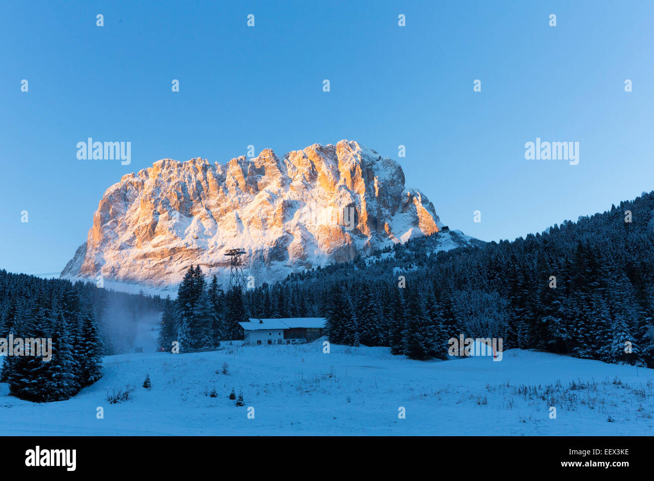 Face of mount Langkofel (Sassolungo) from Gardena mountain pass in the Dolomites of South Tyrol, Italy. Stock Photo