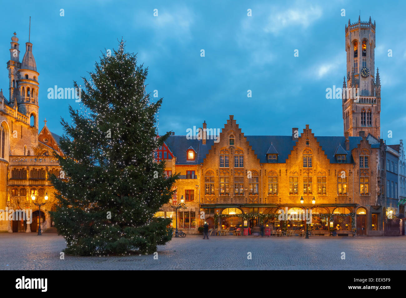 Cityscape with the Christmas Burg Square in Bruges Stock Photo