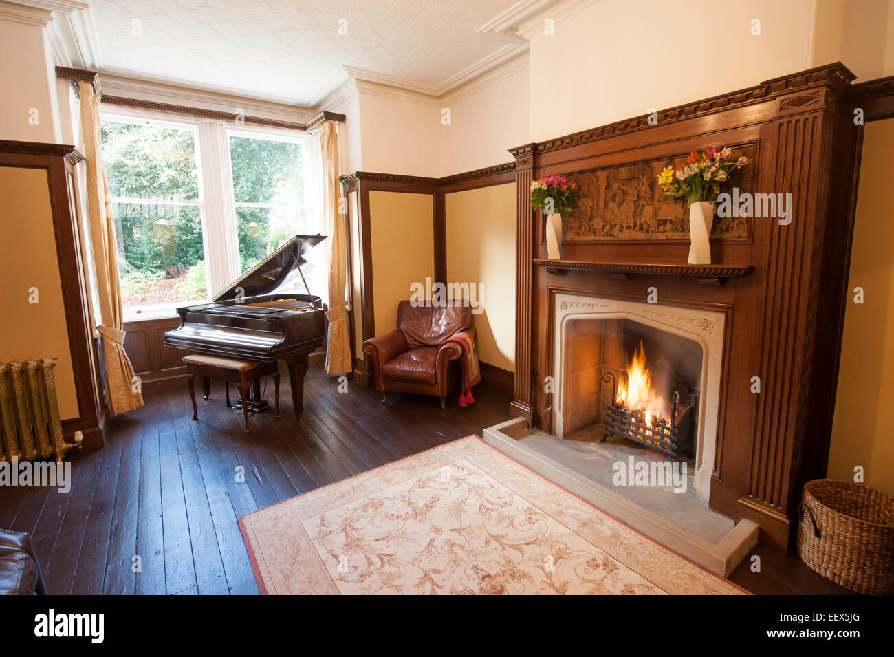 Oak Fireplace grand house Piano Music Room Big Stock Photo