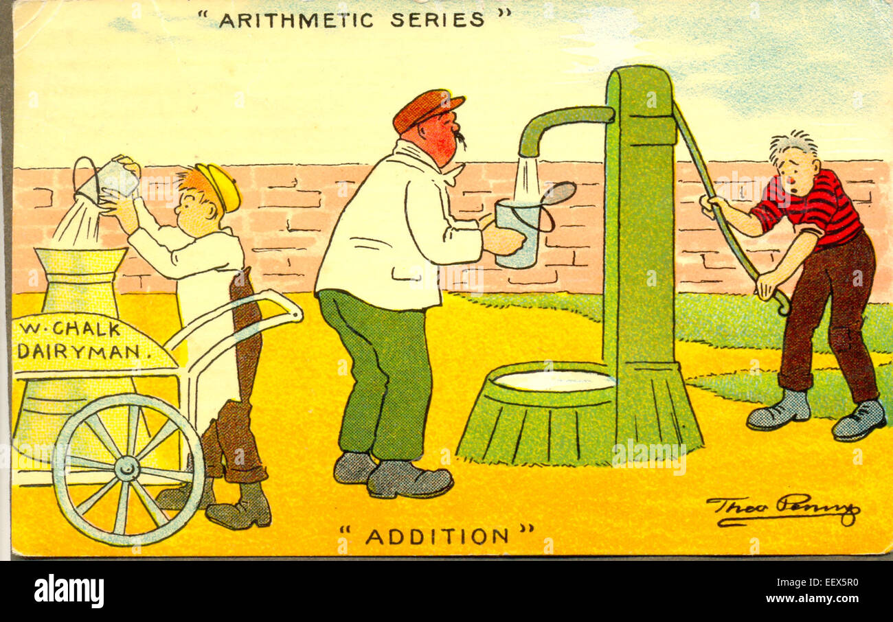 Comic postcard titled 'Addition' in the Arithmetic Series Stock Photo