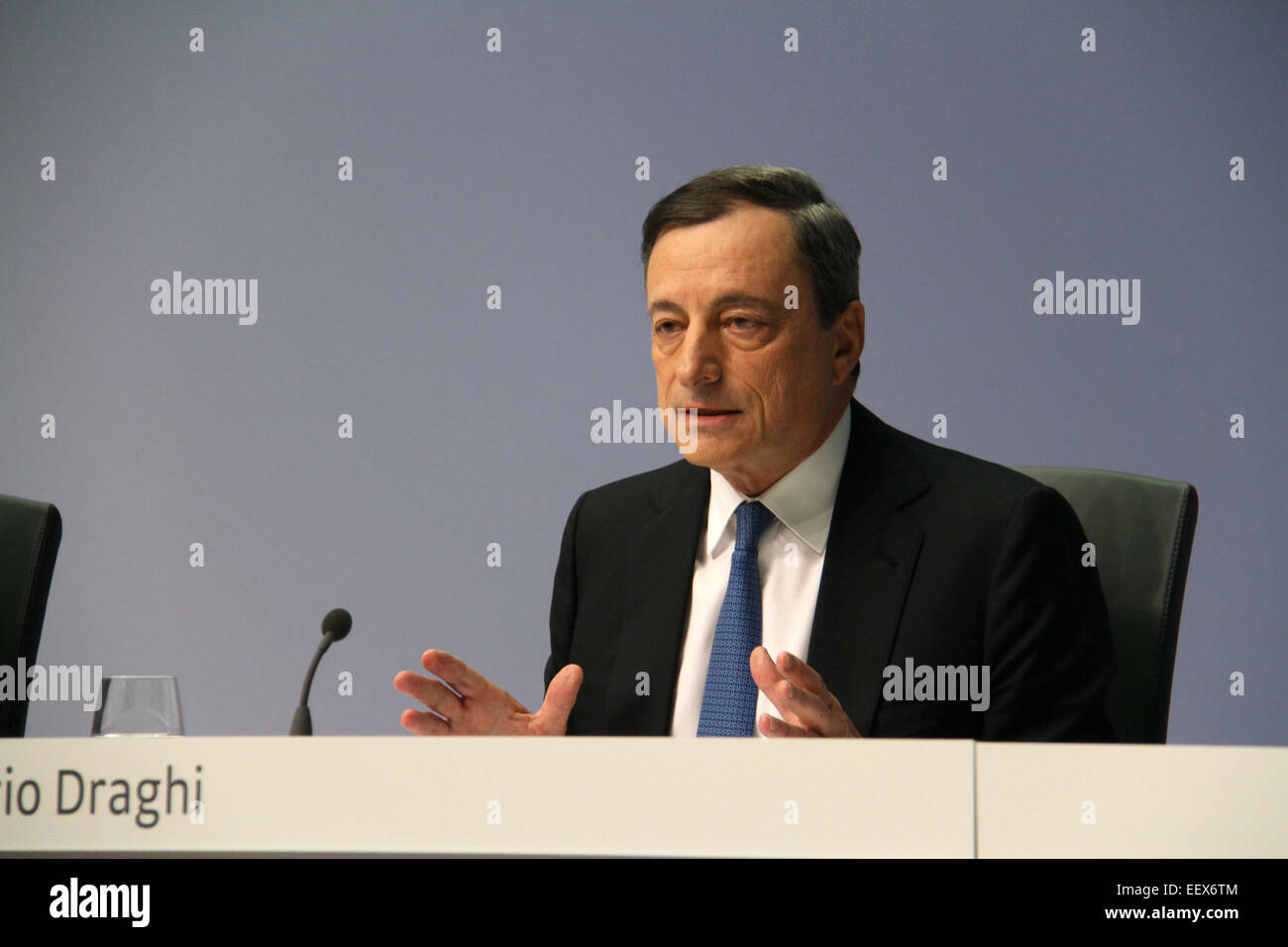 Frankfurt, Germany. 22nd Jan, 2015. European Central Bank President Mario Draghi attends a press conference in Frankfurt, Germany, on Jan. 22, 2015. The European Central Bank decided on Thursday to start a large scale quantitative easing program and pump over one trillion euros into the euro zone economy in a bid to address risks of deflation. Credit:  Shen Zhengning/Xinhua/Alamy Live News Stock Photo