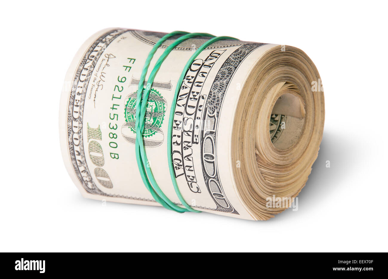 Roll Of One Hundred Dollar Bills Lying Horizontally Isolated On White Background Stock Photo