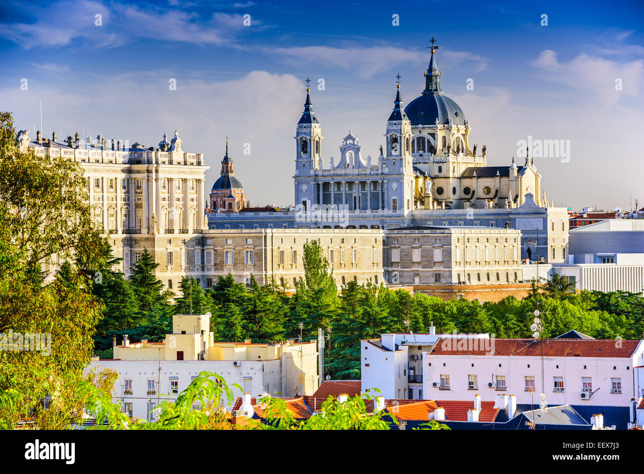 Madrid, Spain skyline at Santa Maria la Real de La Almudena Cathedral and the Royal Palace. Stock Photo