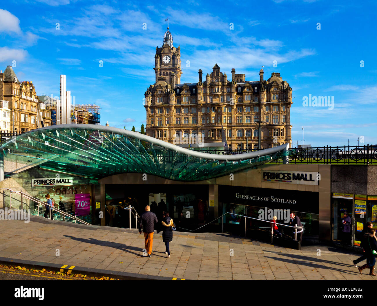 Entrance to Princes Mall Shopping Centre with Old Waverley Hotel in background on Princes Street Edinburgh city centre Scotland Stock Photo