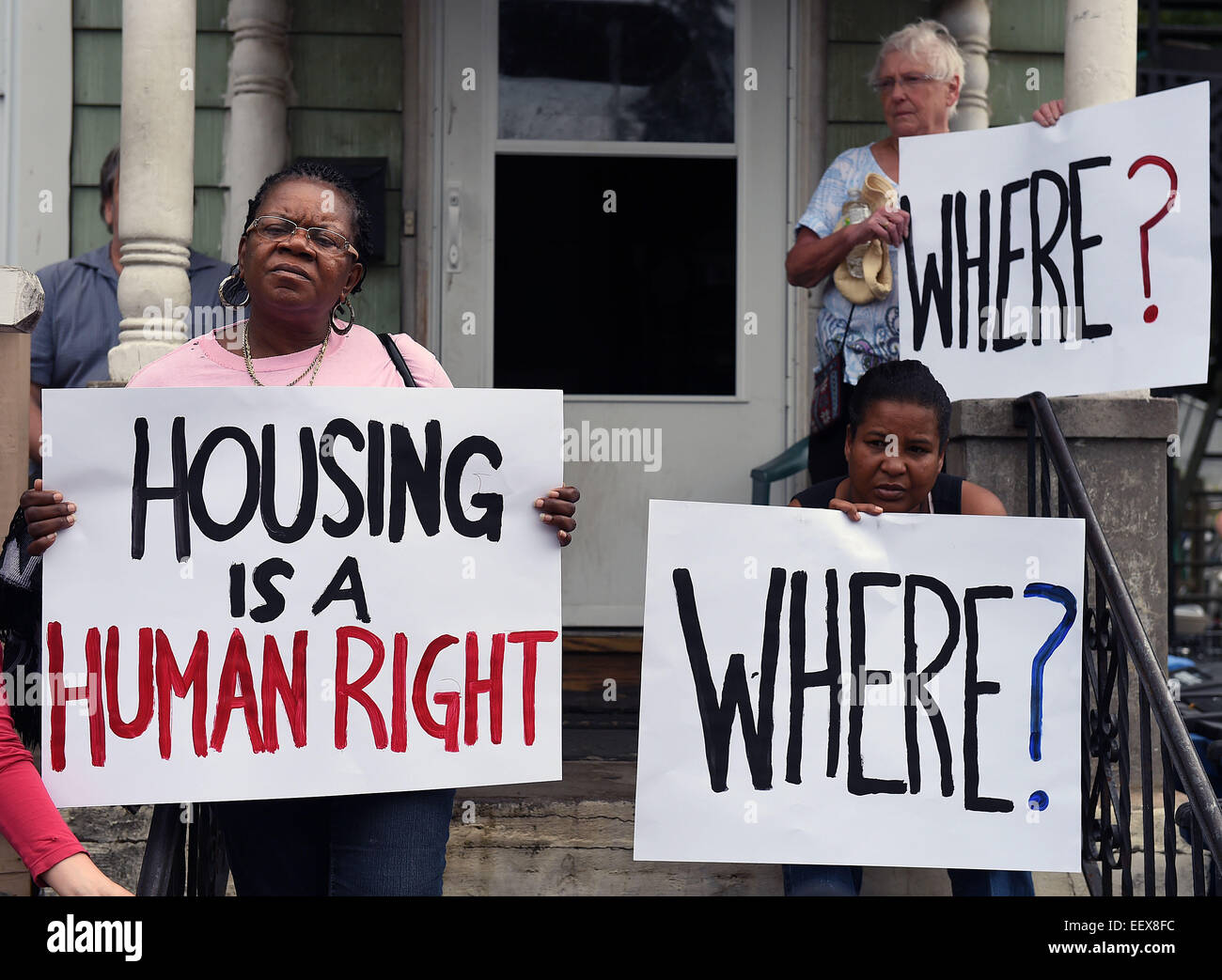 New Haven homeless and their advocates, including Barbara Fair, left, prepare to march from the Catholic Amistad Worker House to 634 Howard Avenue, a city owned property, where the group erected a homeless tent city today. Stock Photo