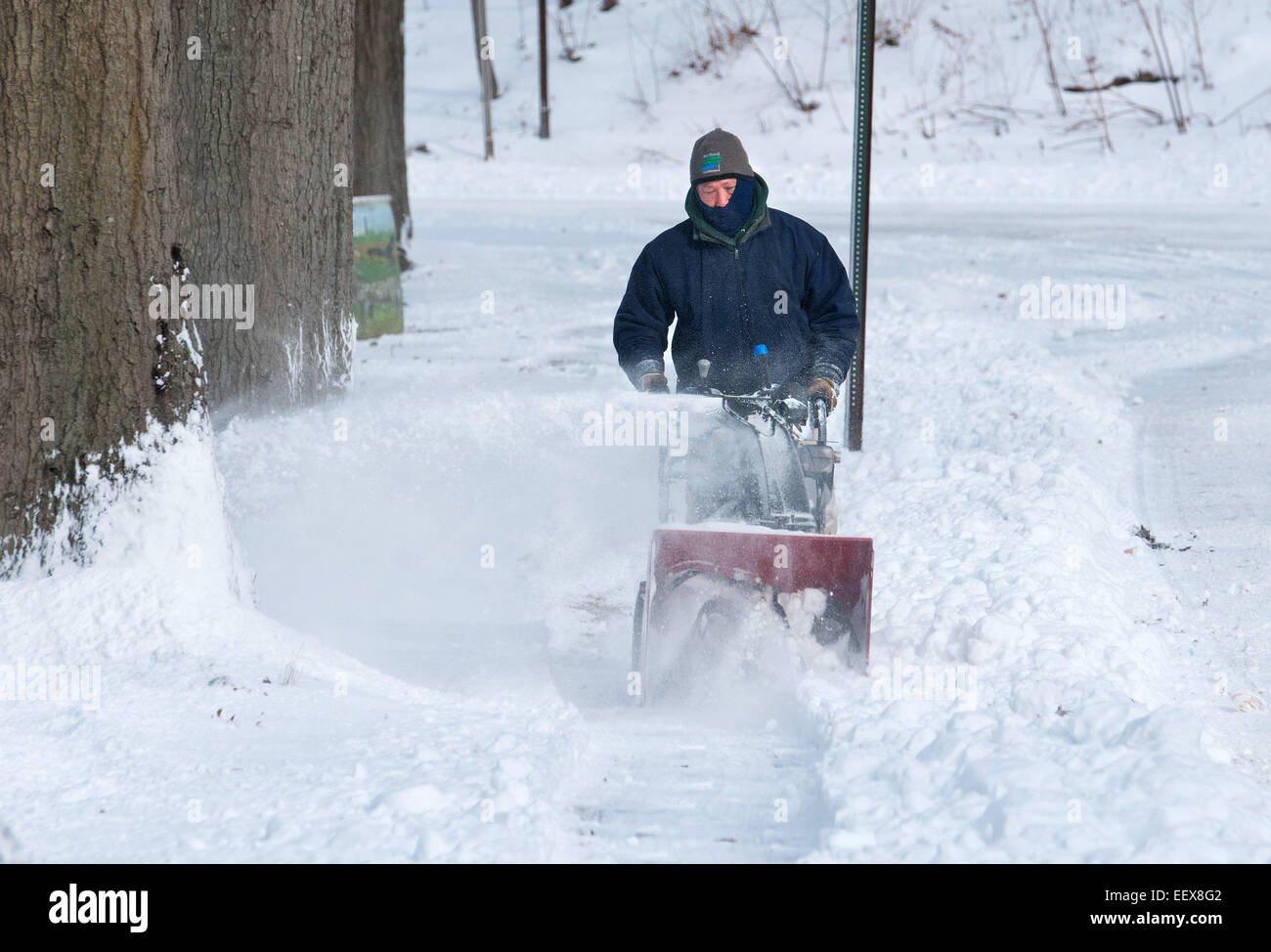 Daniel Barvir 'Ranger Dan' uses a snowblower on Mitchell Drive in New Haven near East Rock Park. Barvir was helping out the New Haven public works crews, saying they are really busy and 'we all need to pull together.' Stock Photo