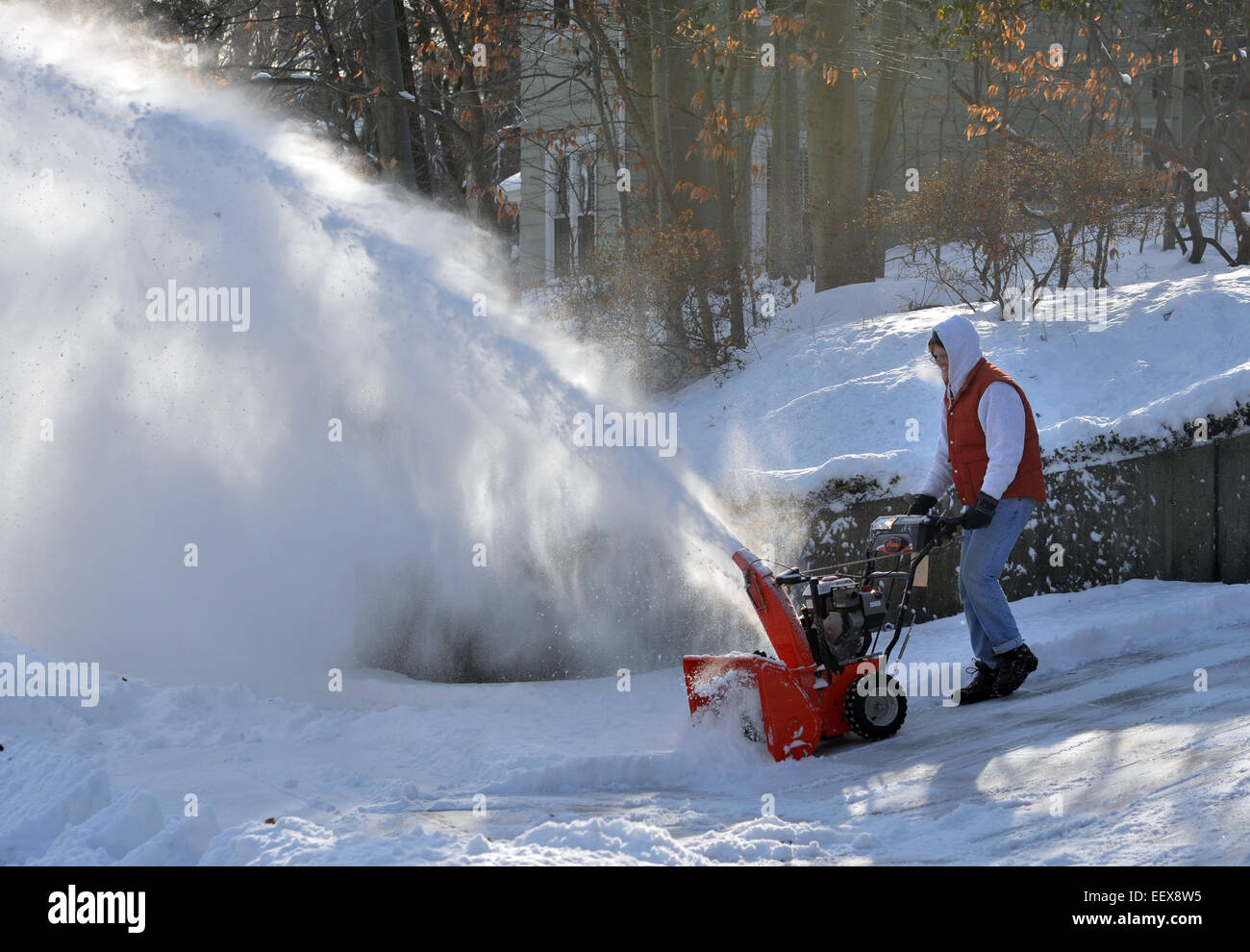 Will Keyes of New Haven helps clear snow off a neighbor's driveway along Hemlock Road in New Haven. Stock Photo