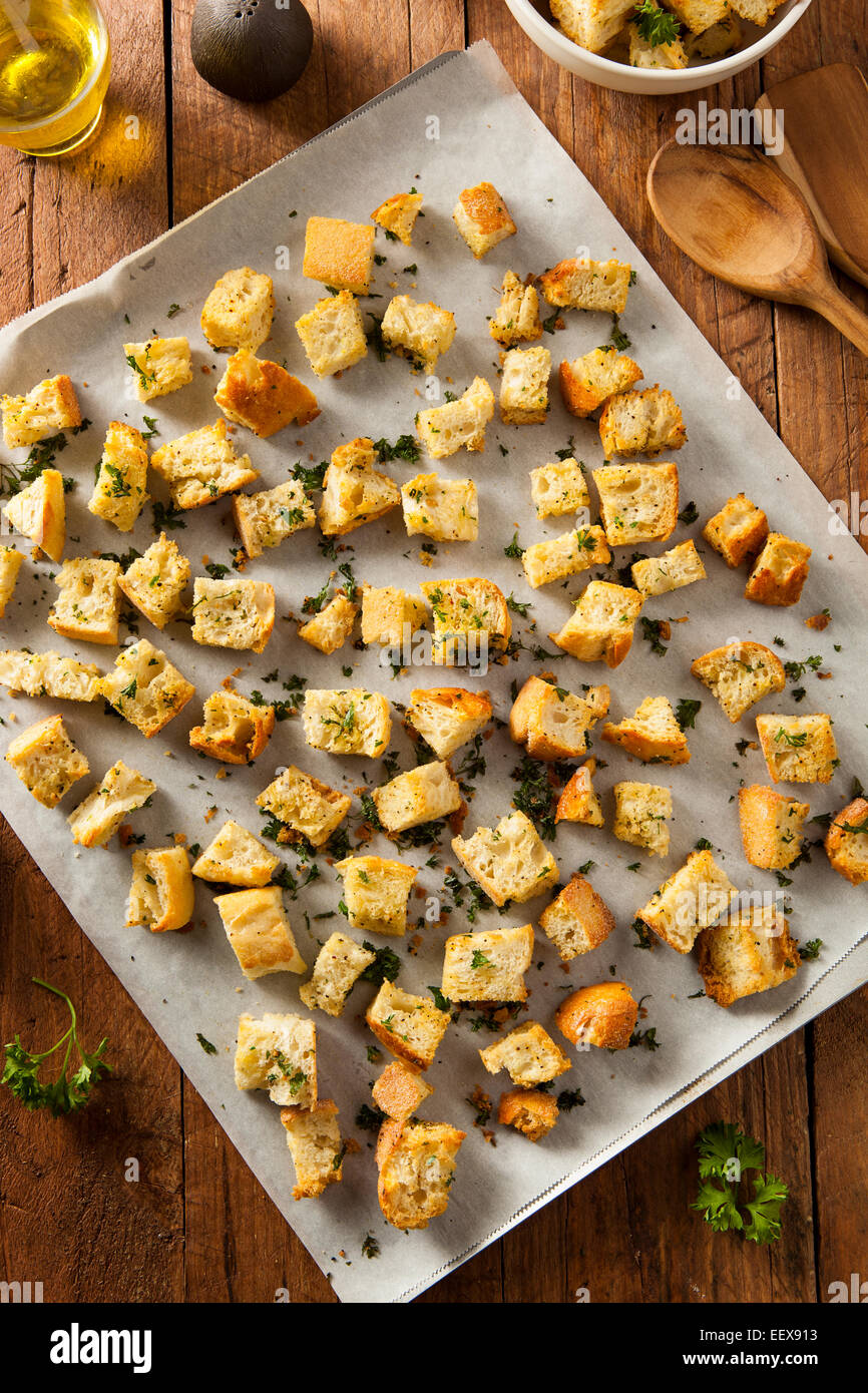 Fresh Homemade French Croutons with Seasoning and Parsley Stock Photo