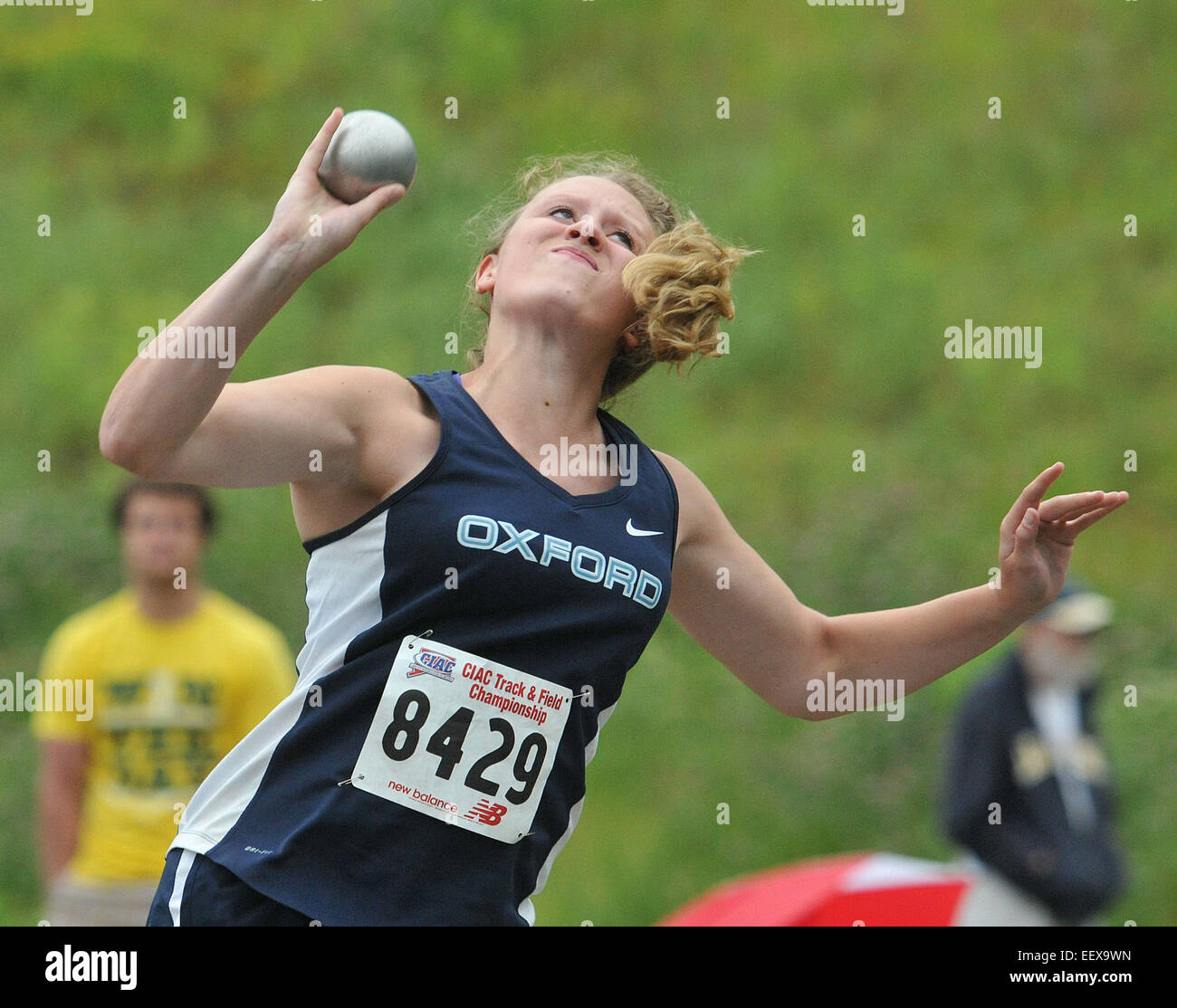 CT USA Oxford's Taylor Drayton throws the shot-put during the State Open Track and Field Championship at Middletown High School. Stock Photo