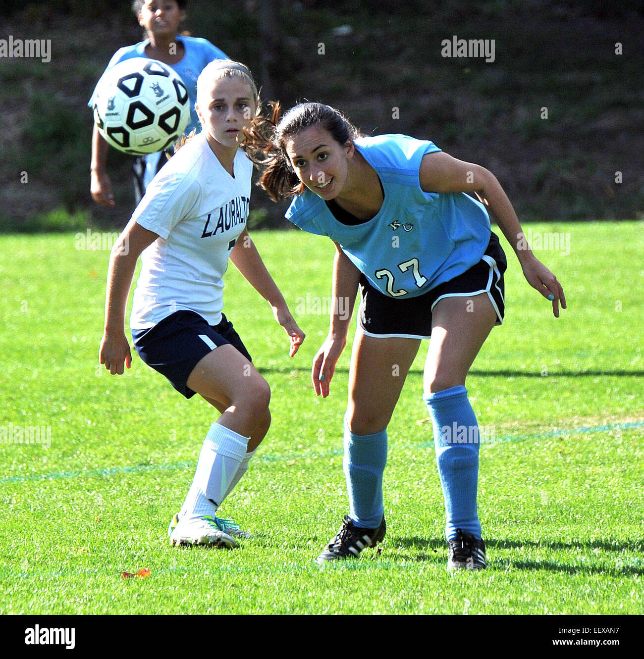 Girls High school soccer game, New Haven CT USA Stock Photo