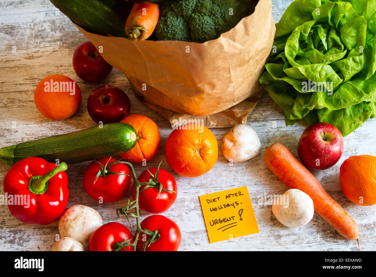 Diet after Holidays,  vegetables and fruits Stock Photo