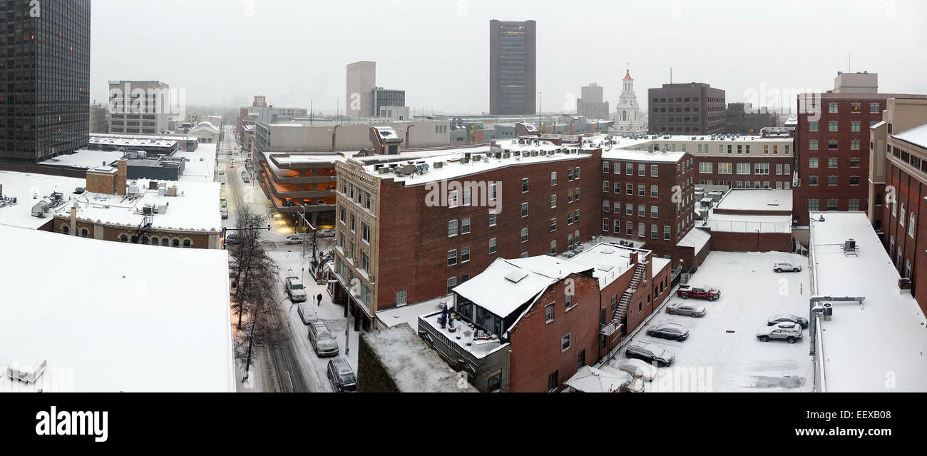 Downtown New Haven is coated in snow early Saturday evening, panoramic