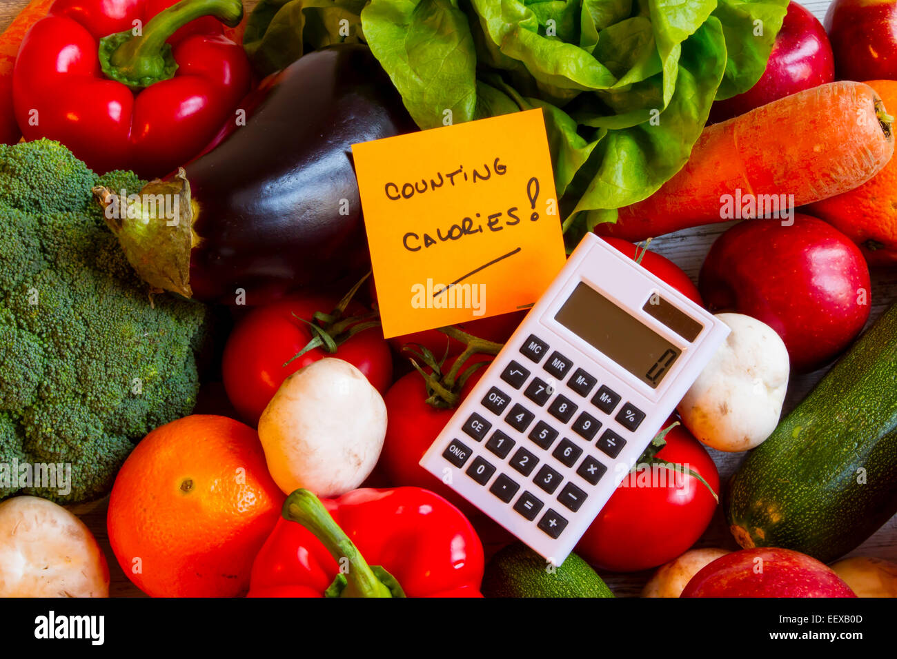 Counting calories, diet of vegetables and fruits background Stock Photo