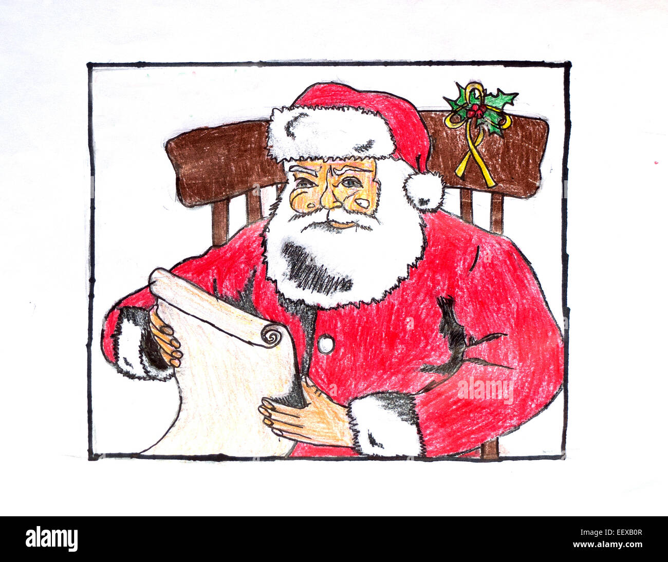 'Santa checks his list,' a crayon drawing by 11-year-old Ryan Casolino . Stock Photo