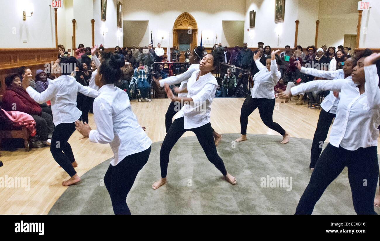 Members of the Hamden Academy of Dance and Music perform an African dance during the 9th Annual New Haven Kwanzaa ceremony at City Hall. Stock Photo