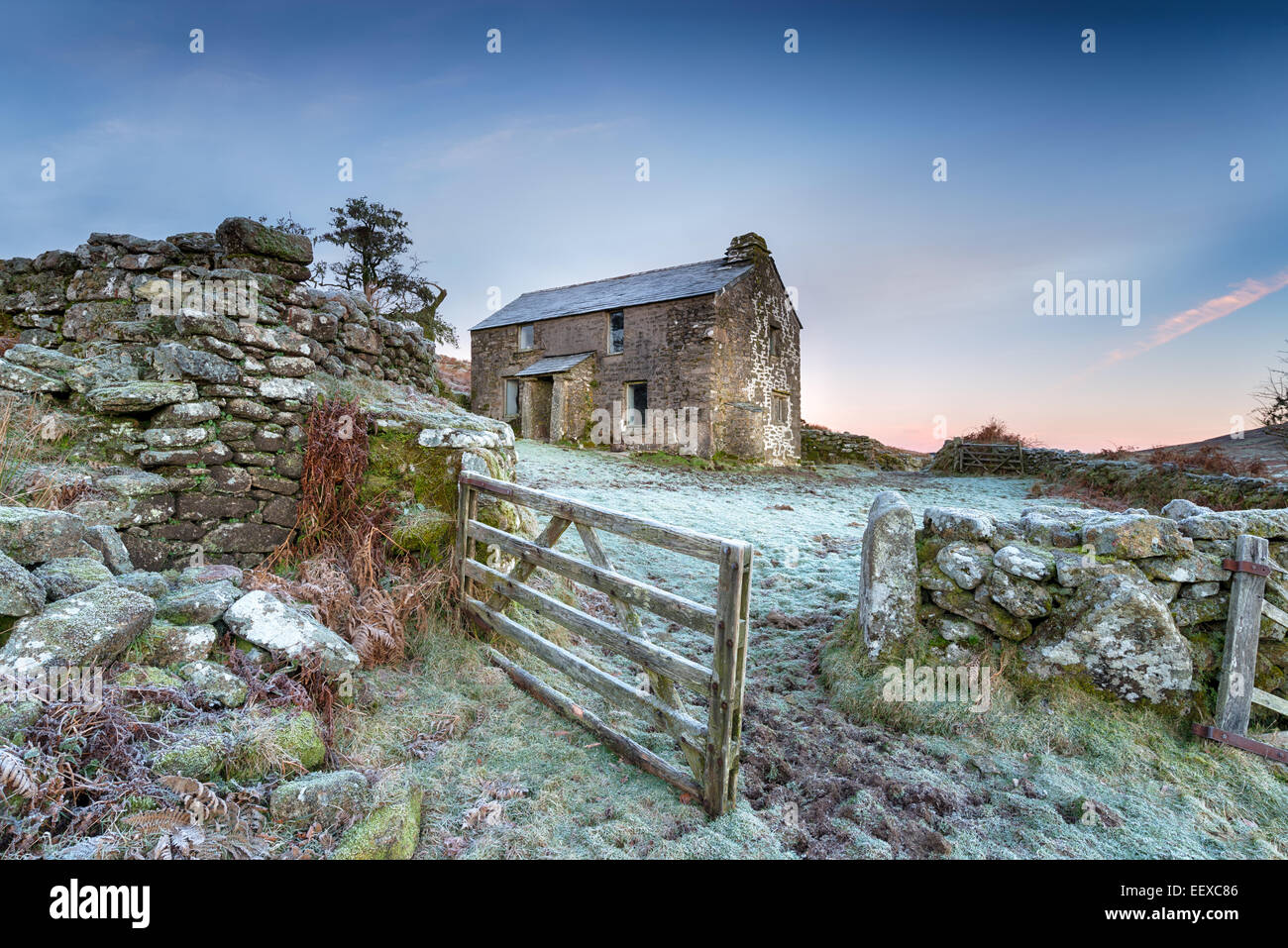 An old abandoned cottage on a frosty winter morning high up on Bodmin Moor in Cornwall Stock Photo