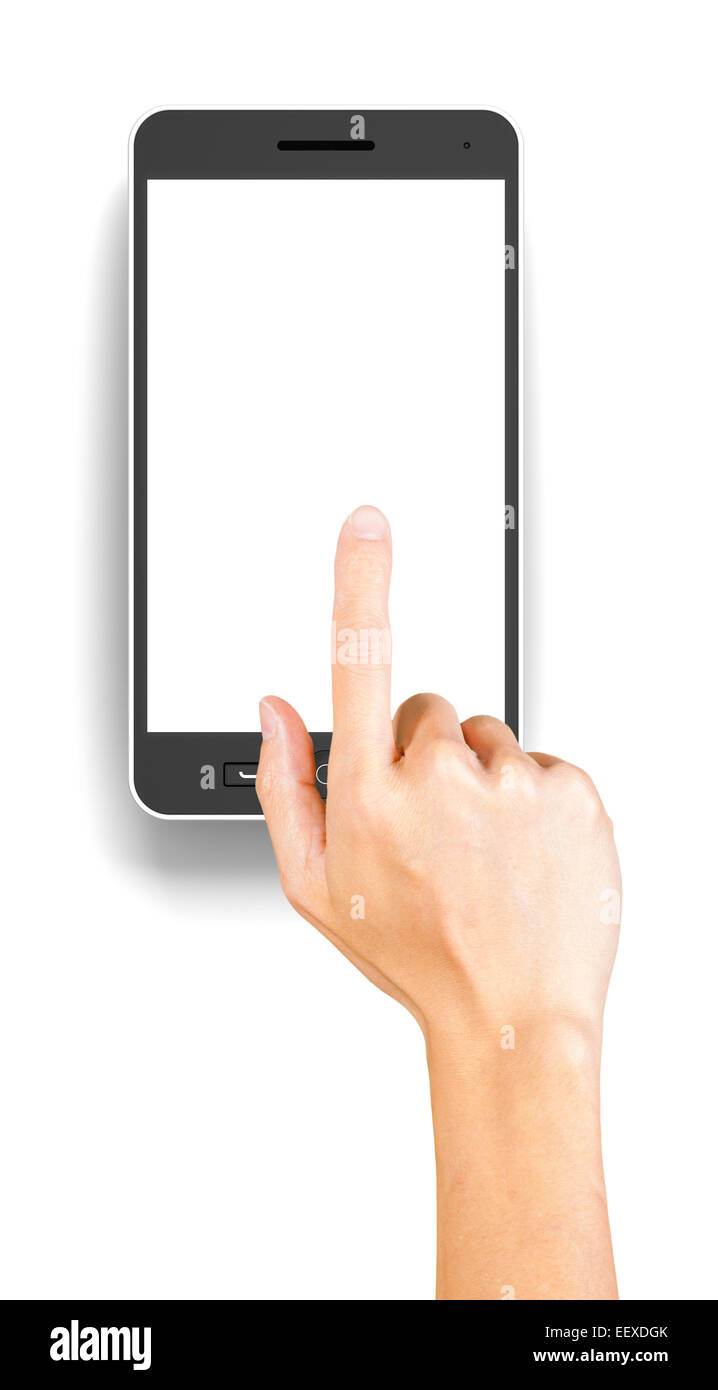 Hand clicking a generic 3d rendered smartphone with copyspace Stock Photo