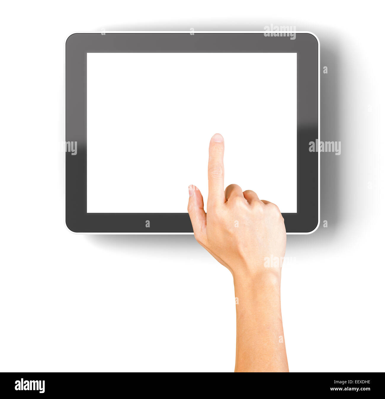 Hand clicking a generic 3d rendered tablet with copyspace Stock Photo