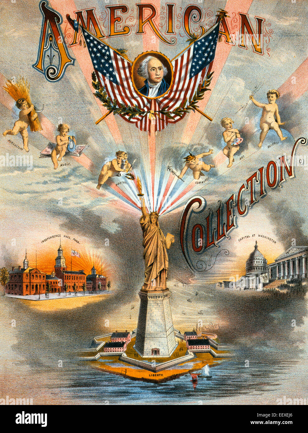 American collection- sheet music cover for the 'American Collection' showing the Statue of Liberty, Indepencence Hall in Philadelphia, the U.S. Capitol in Washington, D.C., a bust portrait of George Washington flanked by two American flags, and six cherubs labeled 'Agriculture' with a shock of wheat, 'Music' with a lyre, 'Poetry' with an owl, quill, and laurel crown, 'Commerce' wearing a winged crown and holding a caduceus, 'Art' holding a brush and palette, and 'Science' holding bolts of lightning. Stock Photo