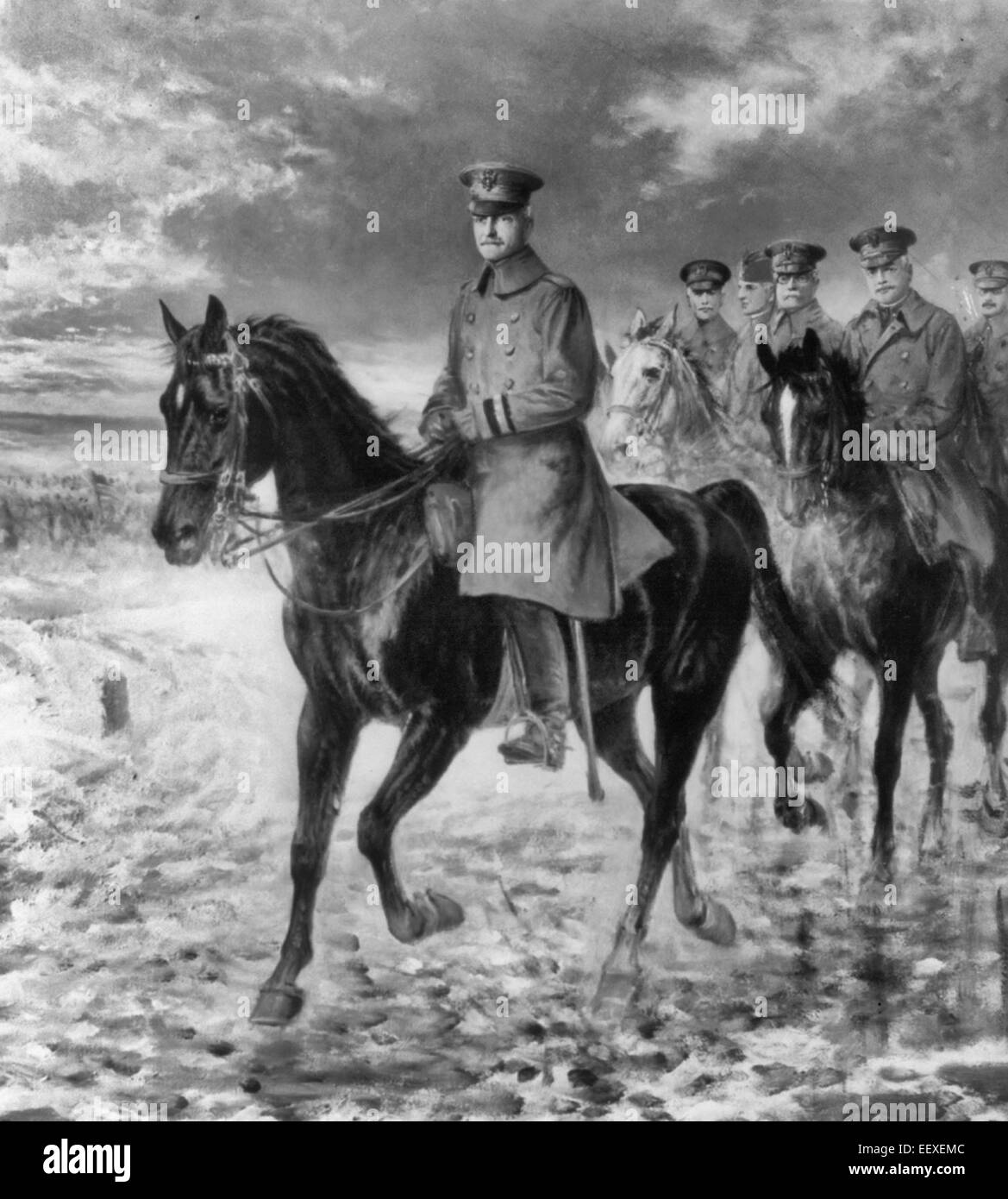 John Joseph Pershing, 1860-1948, full length, on horseback, facing left, followed by others on horseback, all in uniform, circa 1919 Stock Photo