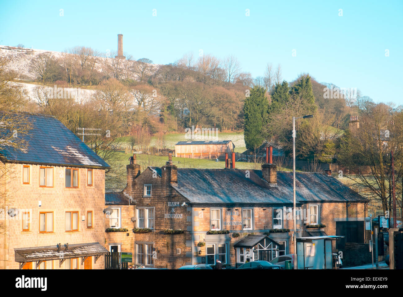 Holcombe brook a village in Lancashire with Peel tower on holcombe hill in the background, tribute to the former Prime Minister Stock Photo