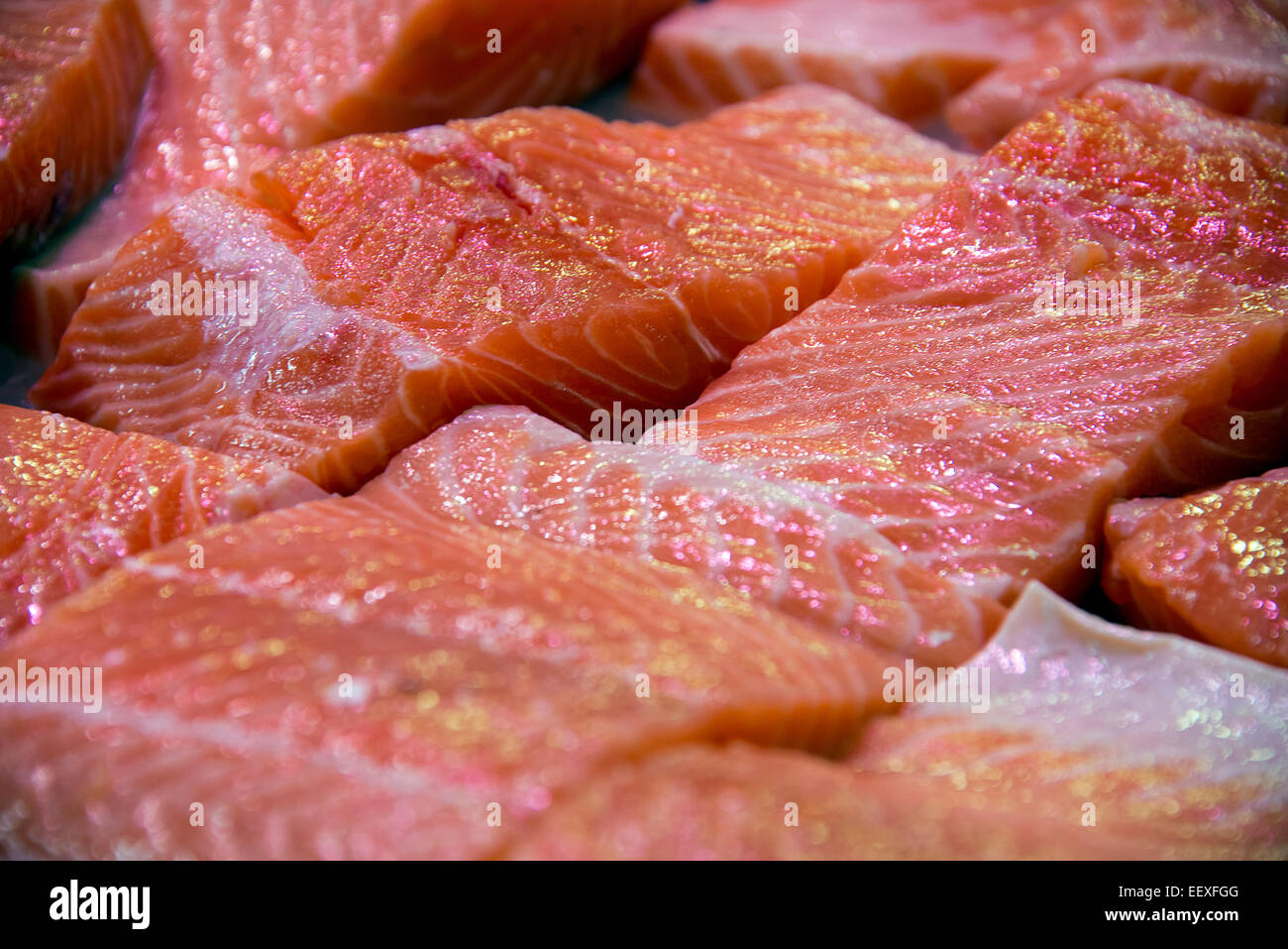 Fresh salmon in a fish market Stock Photo Alamy